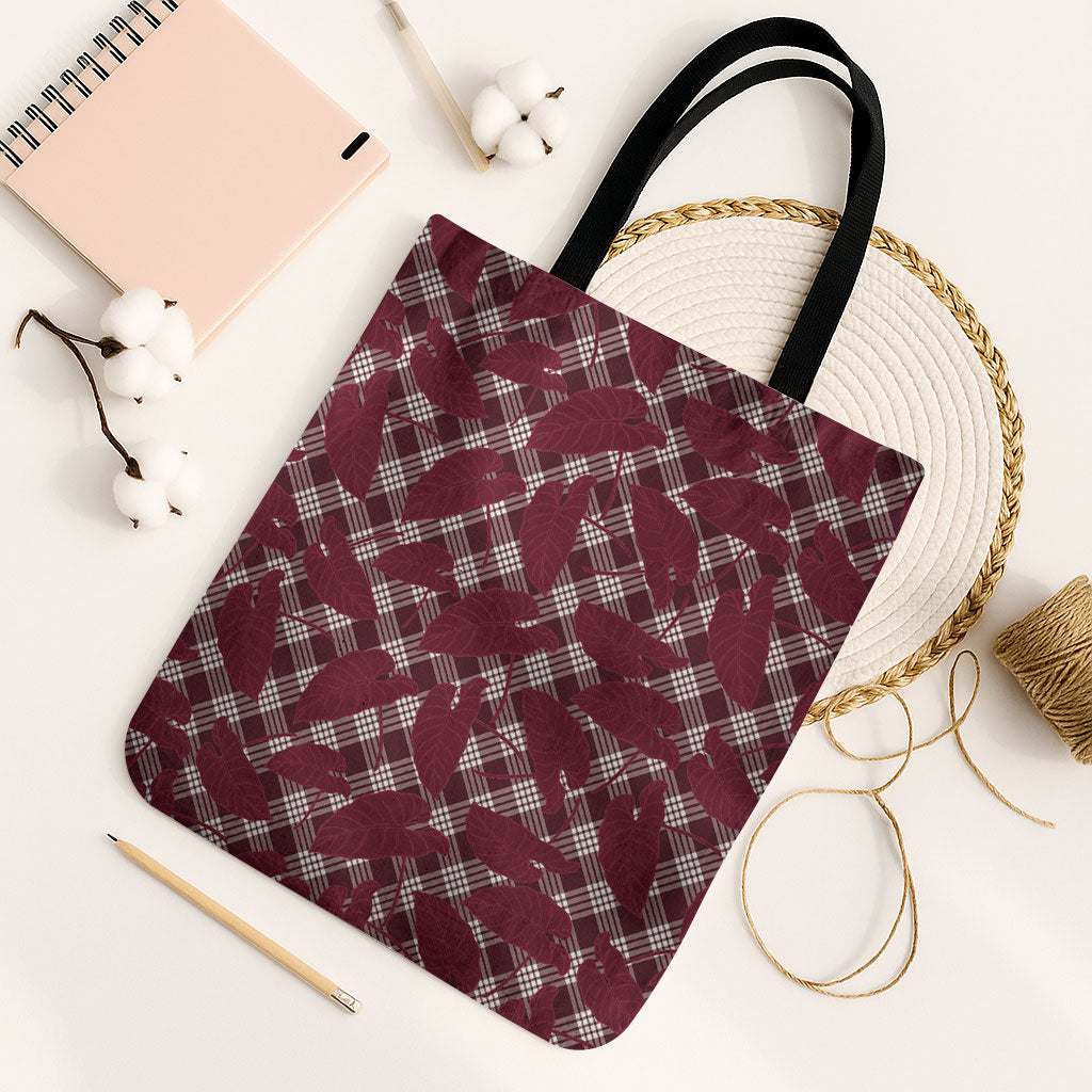 Burgundy Hawaii Kalo Palaka Motifs Tote Bag Hawaiian Taro Leaves Elegant Vibes LT14 Black Strap One Size Burgundy - Polynesian Pride