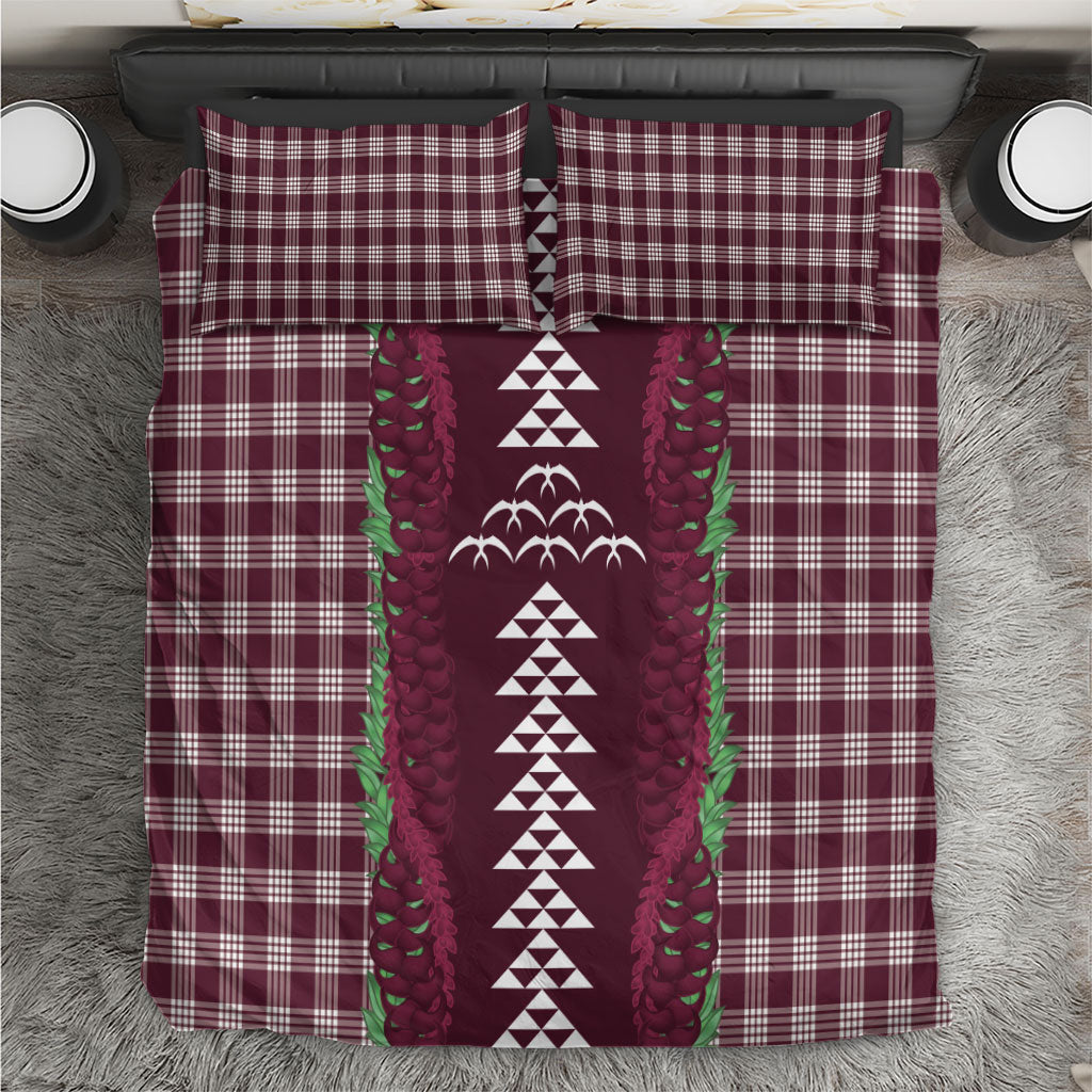 Burgundy Palaka Hawaii Iwa Bird Bedding Set Hawaiian Kakau Jade Vine Lei
