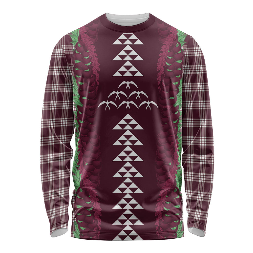 Burgundy Palaka Hawaii Iwa Bird Long Sleeve Shirt Hawaiian Kakau Jade Vine Lei