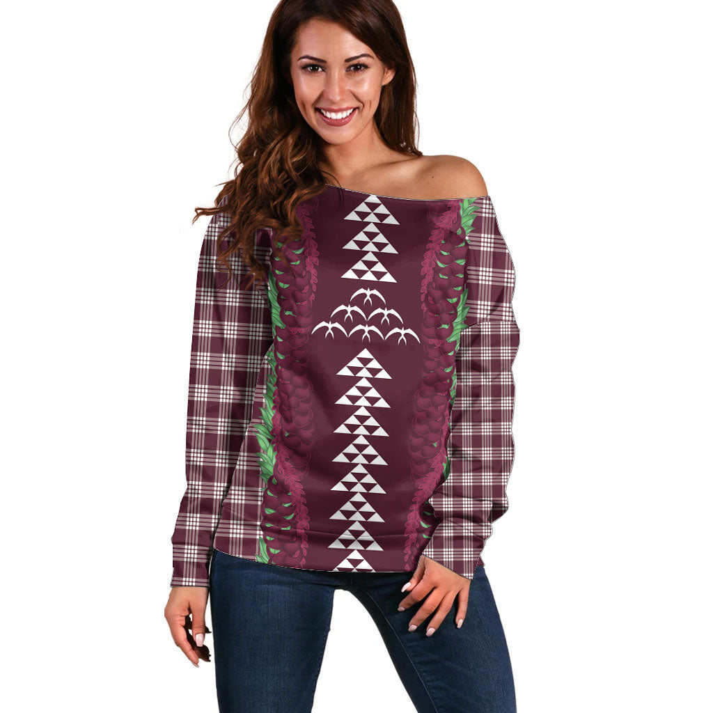Burgundy Palaka Hawaii Iwa Bird Off Shoulder Sweater Hawaiian Kakau Jade Vine Lei