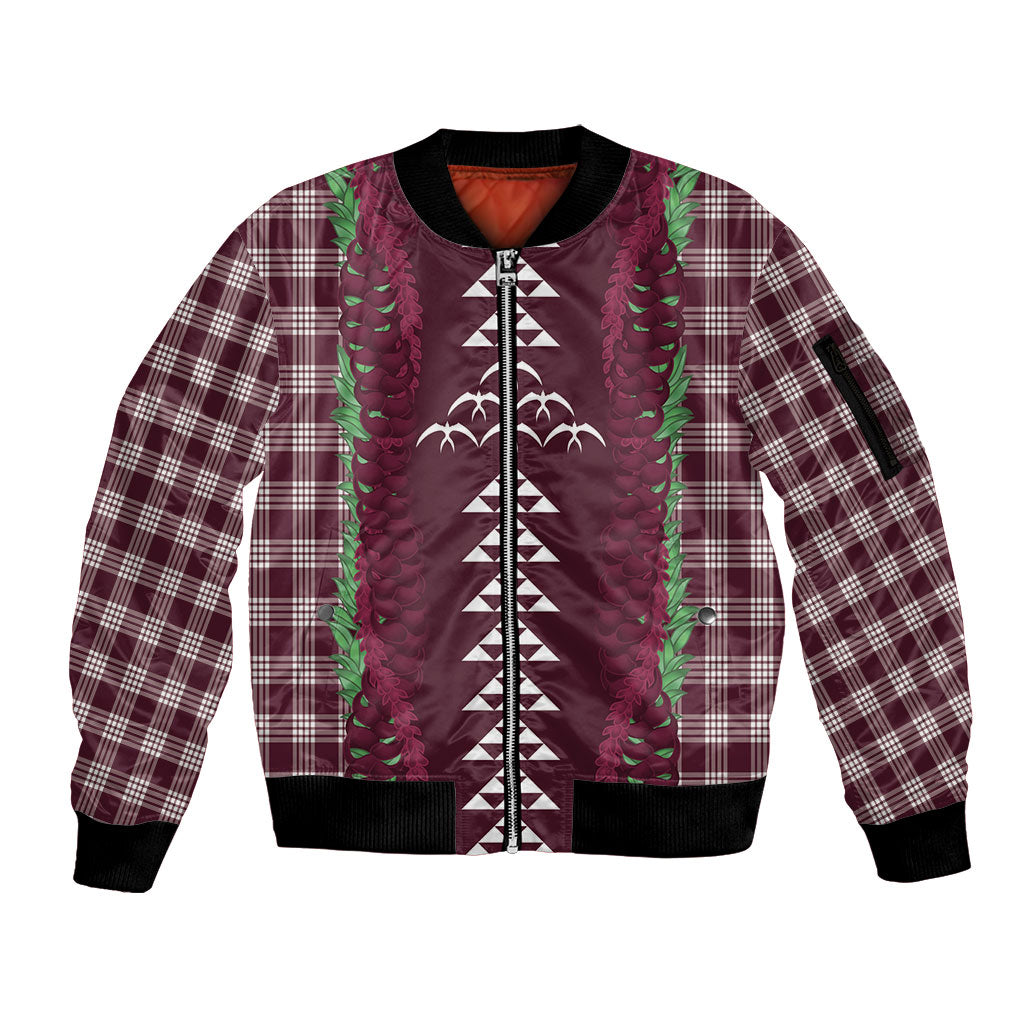 Burgundy Palaka Hawaii Iwa Bird Sleeve Zip Bomber Jacket Hawaiian Kakau Jade Vine Lei
