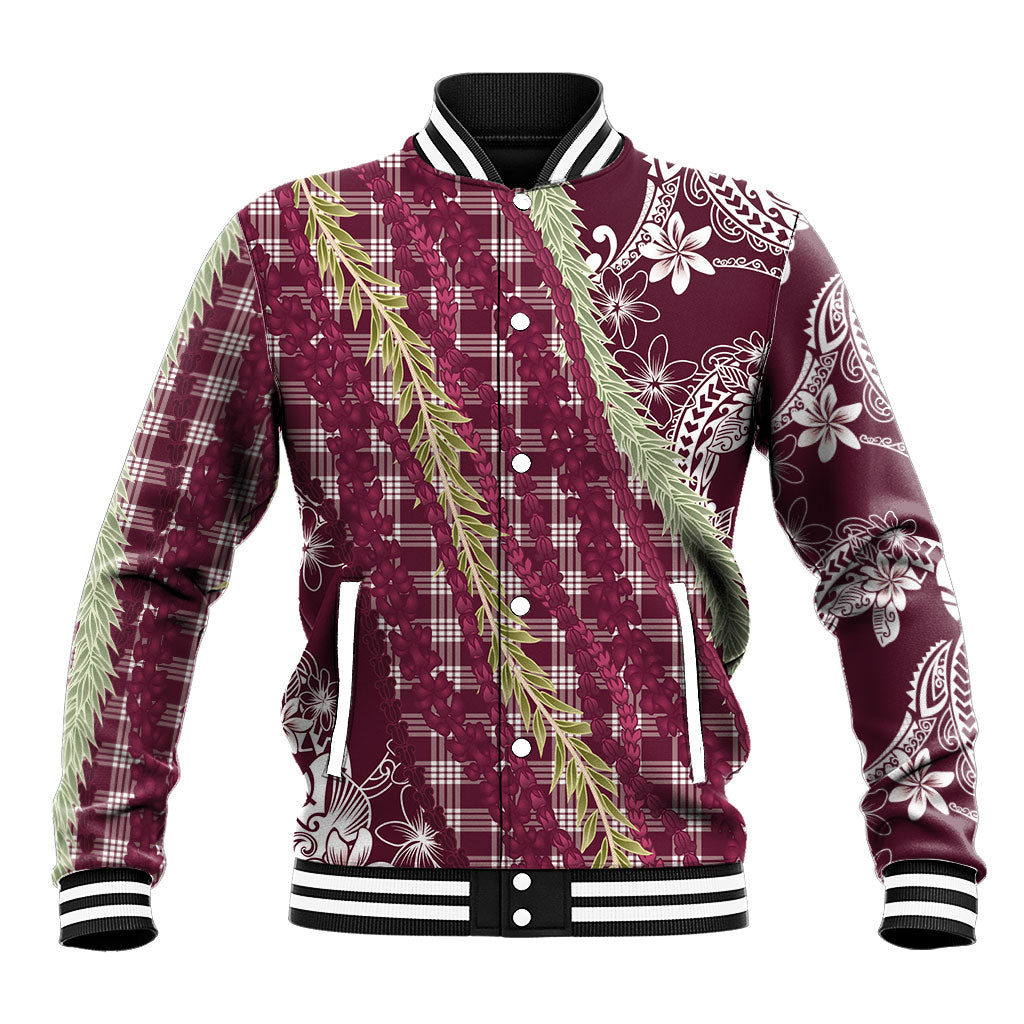 Burgundy Palaka Hawaii Leis Baseball Jacket Hawaiian-plaid Elegant Tropical Vibes LT14 Unisex Burgundy - Polynesian Pride