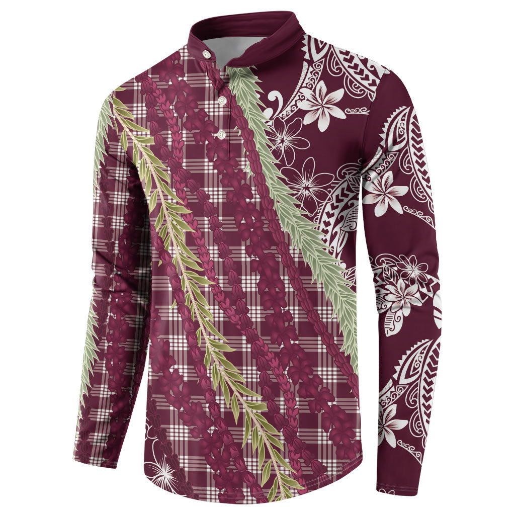 Burgundy Palaka Hawaii Leis Button Sweatshirt Hawaiian-plaid Elegant Tropical Vibes LT14 - Polynesian Pride