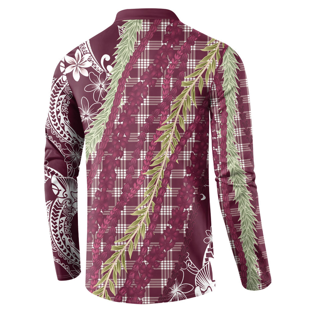 Burgundy Palaka Hawaii Leis Button Sweatshirt Hawaiian-plaid Elegant Tropical Vibes LT14 - Polynesian Pride
