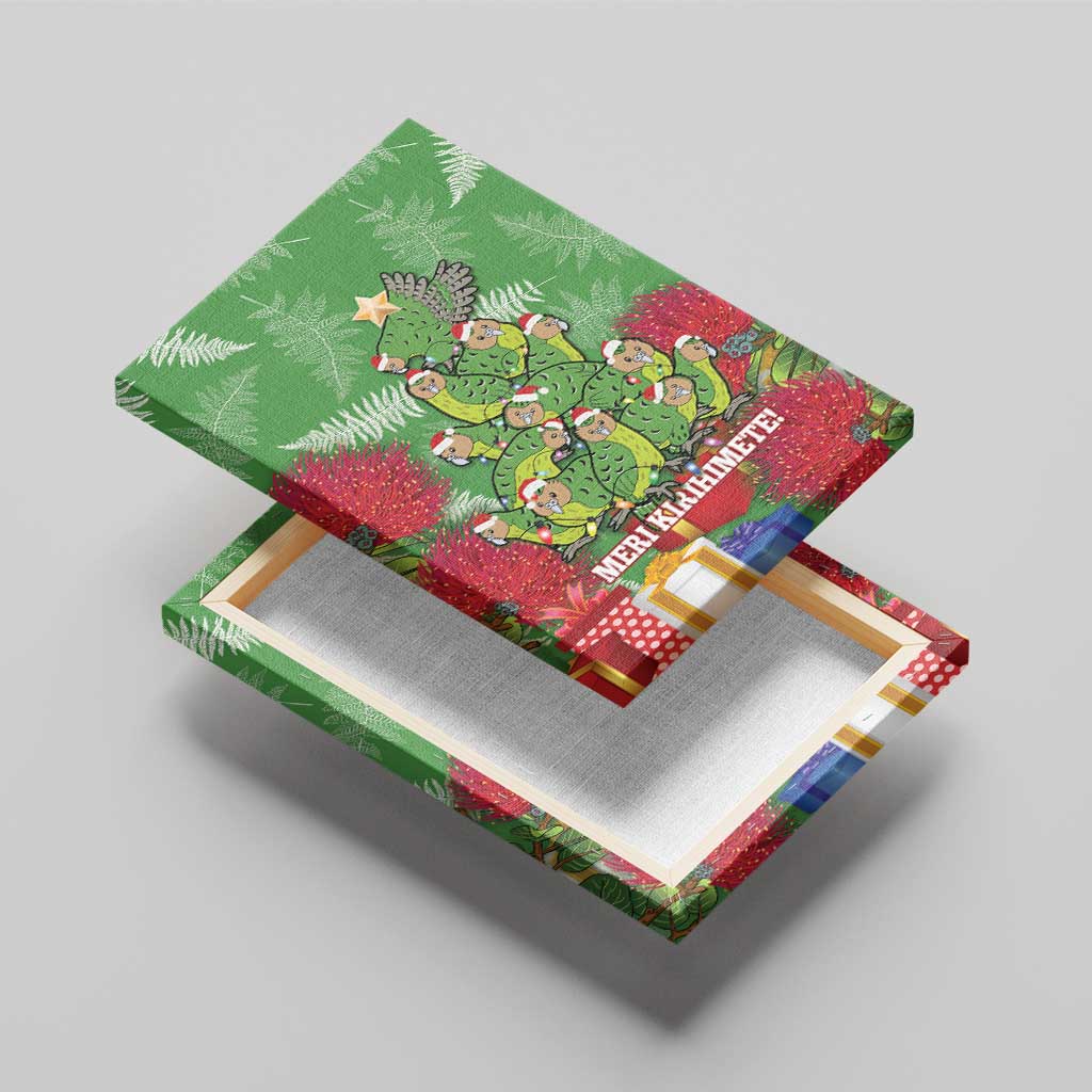 Kakapo New Zealand Christmas Canvas Wall Art Meri Kirihimete Pohutukawa - Green Color