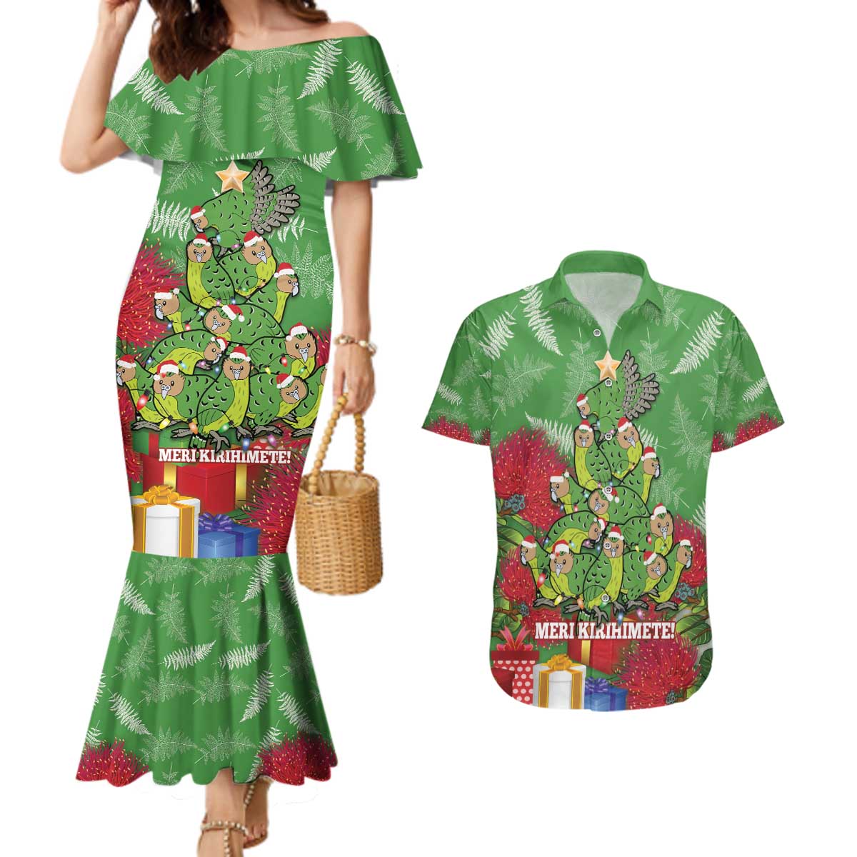 Kakapo New Zealand Christmas Couples Matching Mermaid Dress and Hawaiian Shirt Meri Kirihimete Pohutukawa - Green Color