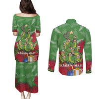 Kakapo New Zealand Christmas Couples Matching Puletasi and Long Sleeve Button Shirt Meri Kirihimete Pohutukawa - Green Color