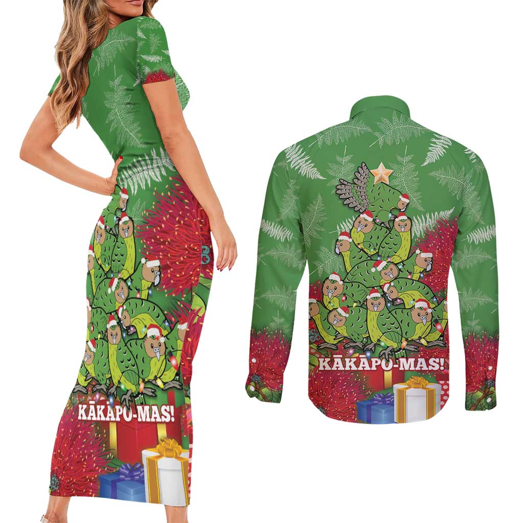 Kakapo New Zealand Christmas Couples Matching Short Sleeve Bodycon Dress and Long Sleeve Button Shirt Meri Kirihimete Pohutukawa - Green Color