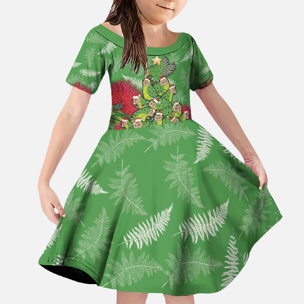 Kakapo New Zealand Christmas Family Matching Off Shoulder Maxi Dress and Hawaiian Shirt Meri Kirihimete Pohutukawa - Green Color LT14 Daughter's Dress Green - Polynesian Pride