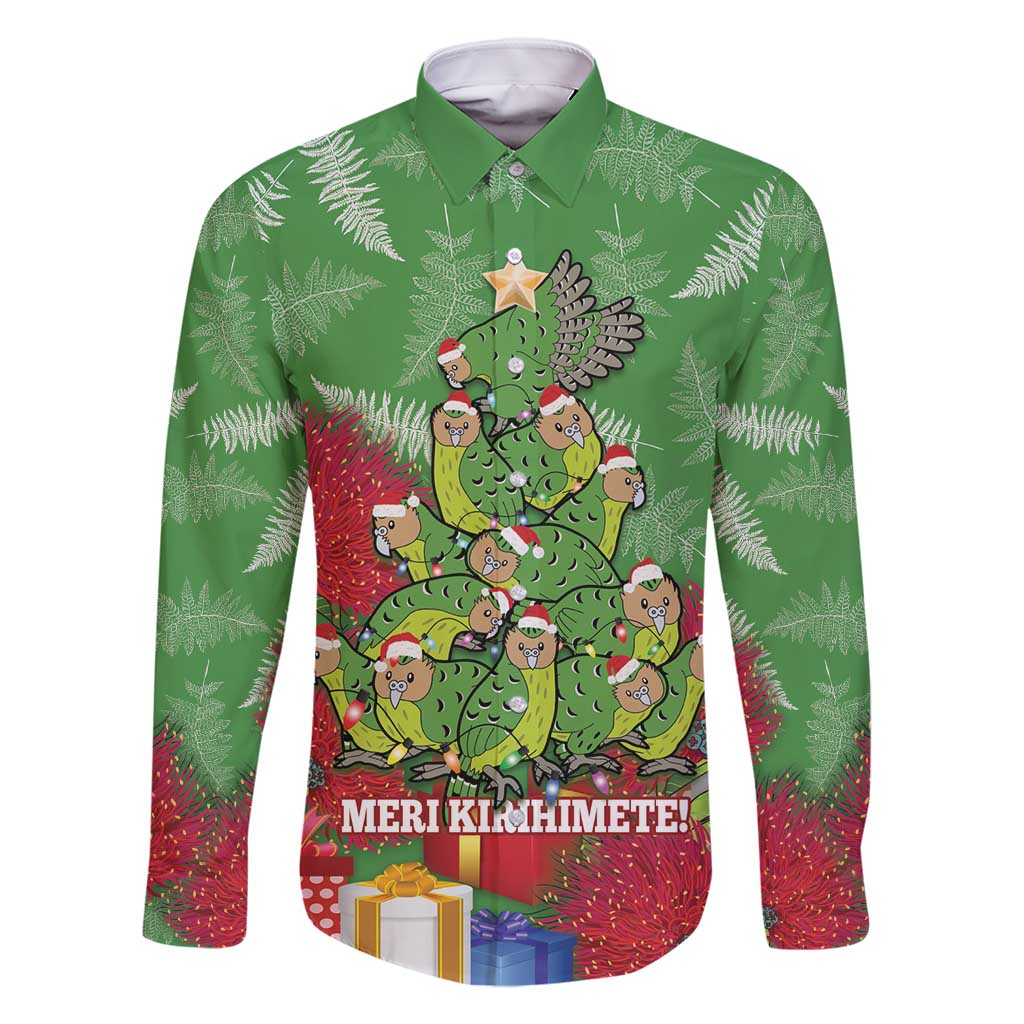 Kakapo New Zealand Christmas Family Matching Off Shoulder Maxi Dress and Hawaiian Shirt Meri Kirihimete Pohutukawa - Green Color LT14 Dad's Shirt - Long Sleeve Green - Polynesian Pride