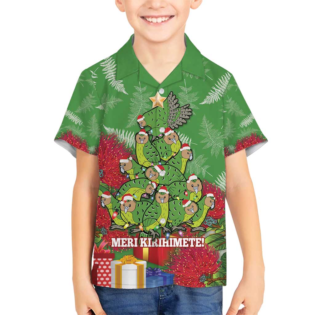 Kakapo New Zealand Christmas Family Matching Off Shoulder Maxi Dress and Hawaiian Shirt Meri Kirihimete Pohutukawa - Green Color LT14 Son's Shirt Green - Polynesian Pride