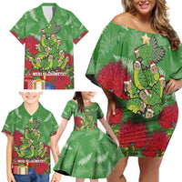 Kakapo New Zealand Christmas Family Matching Off Shoulder Short Dress and Hawaiian Shirt Meri Kirihimete Pohutukawa - Green Color LT14 - Polynesian Pride