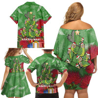 Kakapo New Zealand Christmas Family Matching Off Shoulder Short Dress and Hawaiian Shirt Meri Kirihimete Pohutukawa - Green Color LT14 - Polynesian Pride