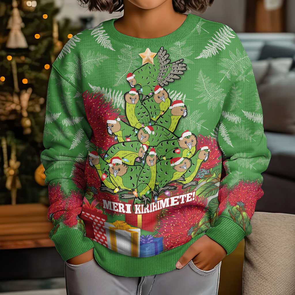 Kakapo New Zealand Christmas Kid Ugly Christmas Sweater Meri Kirihimete Pohutukawa - Green Color LT14 - Polynesian Pride