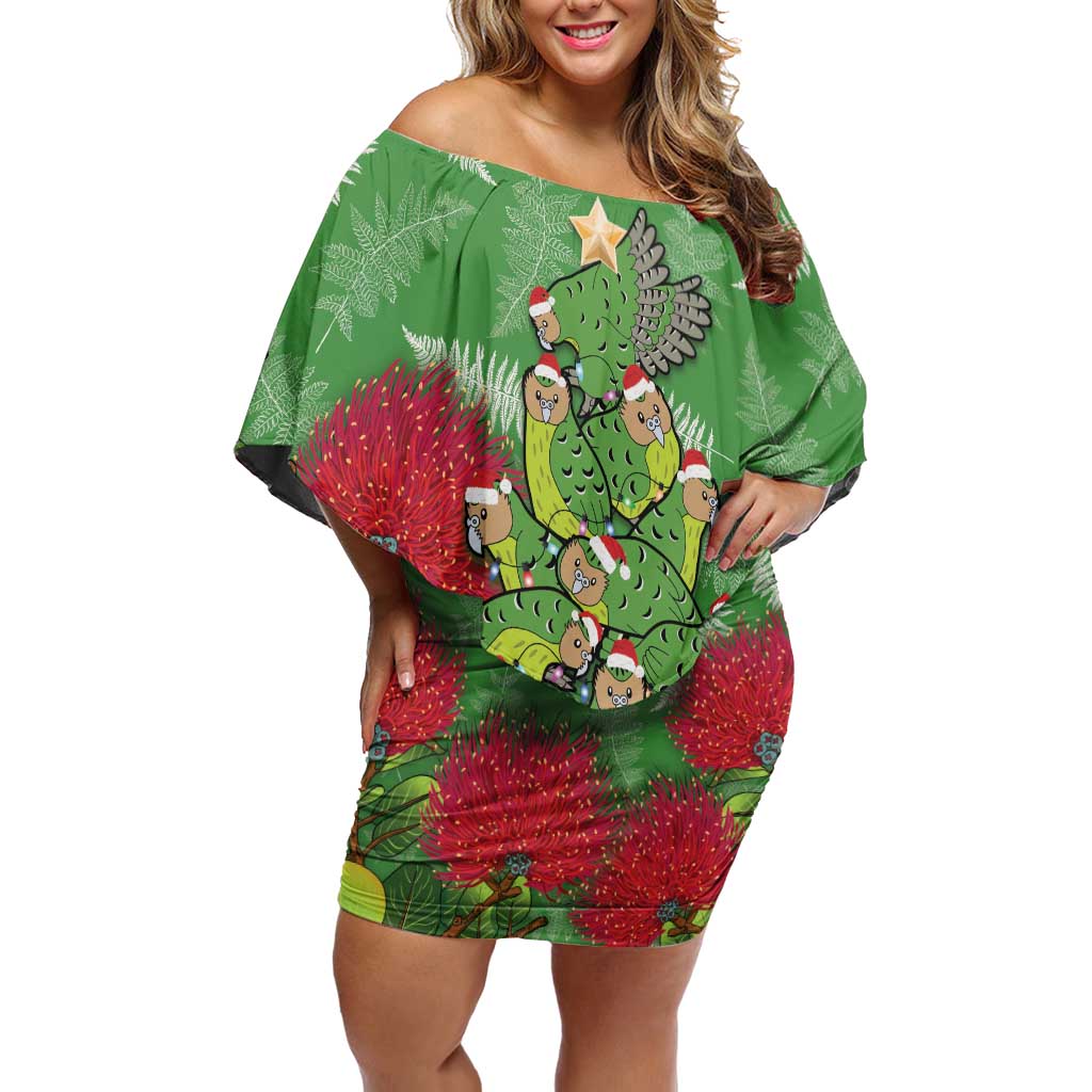 Kakapo New Zealand Christmas Off Shoulder Short Dress Meri Kirihimete Pohutukawa - Green Color