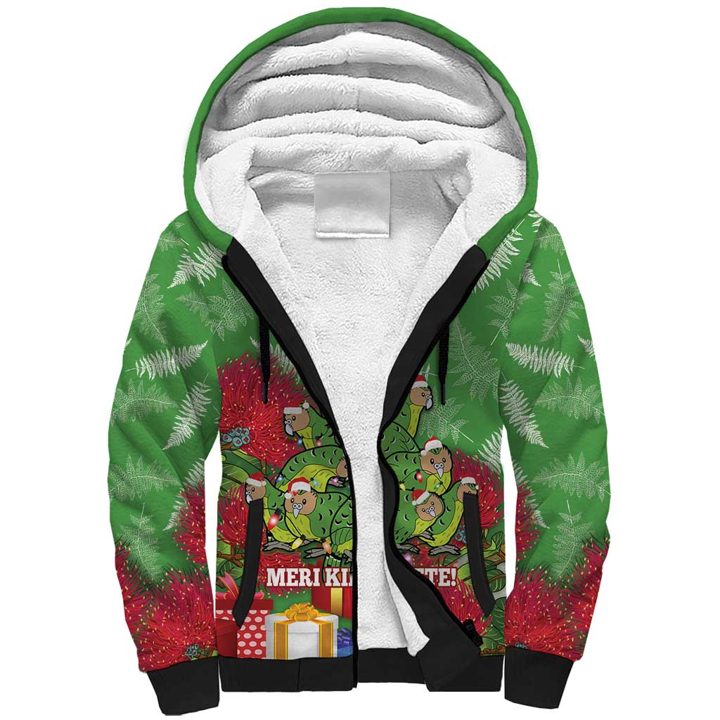 Kakapo New Zealand Christmas Sherpa Hoodie Meri Kirihimete Pohutukawa - Green Color