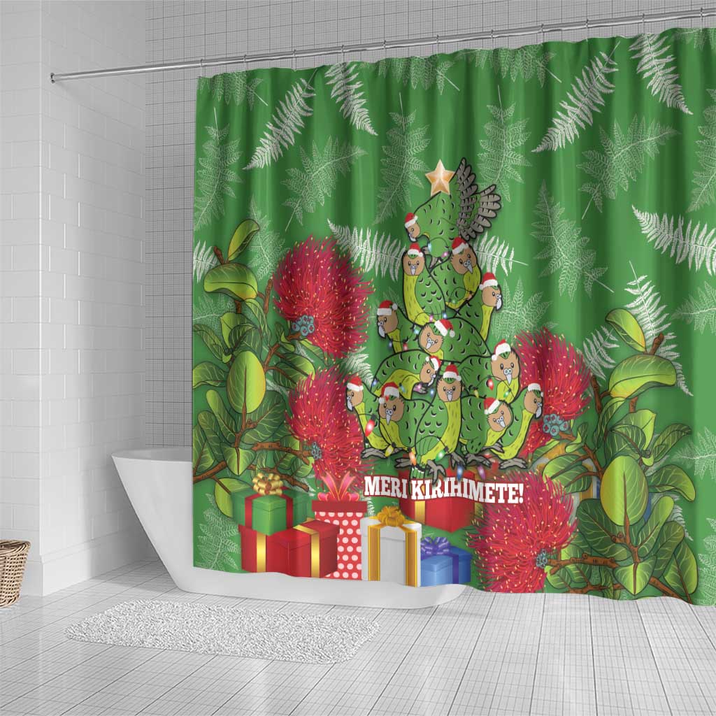 Kakapo New Zealand Christmas Shower Curtain Meri Kirihimete Pohutukawa - Green Color