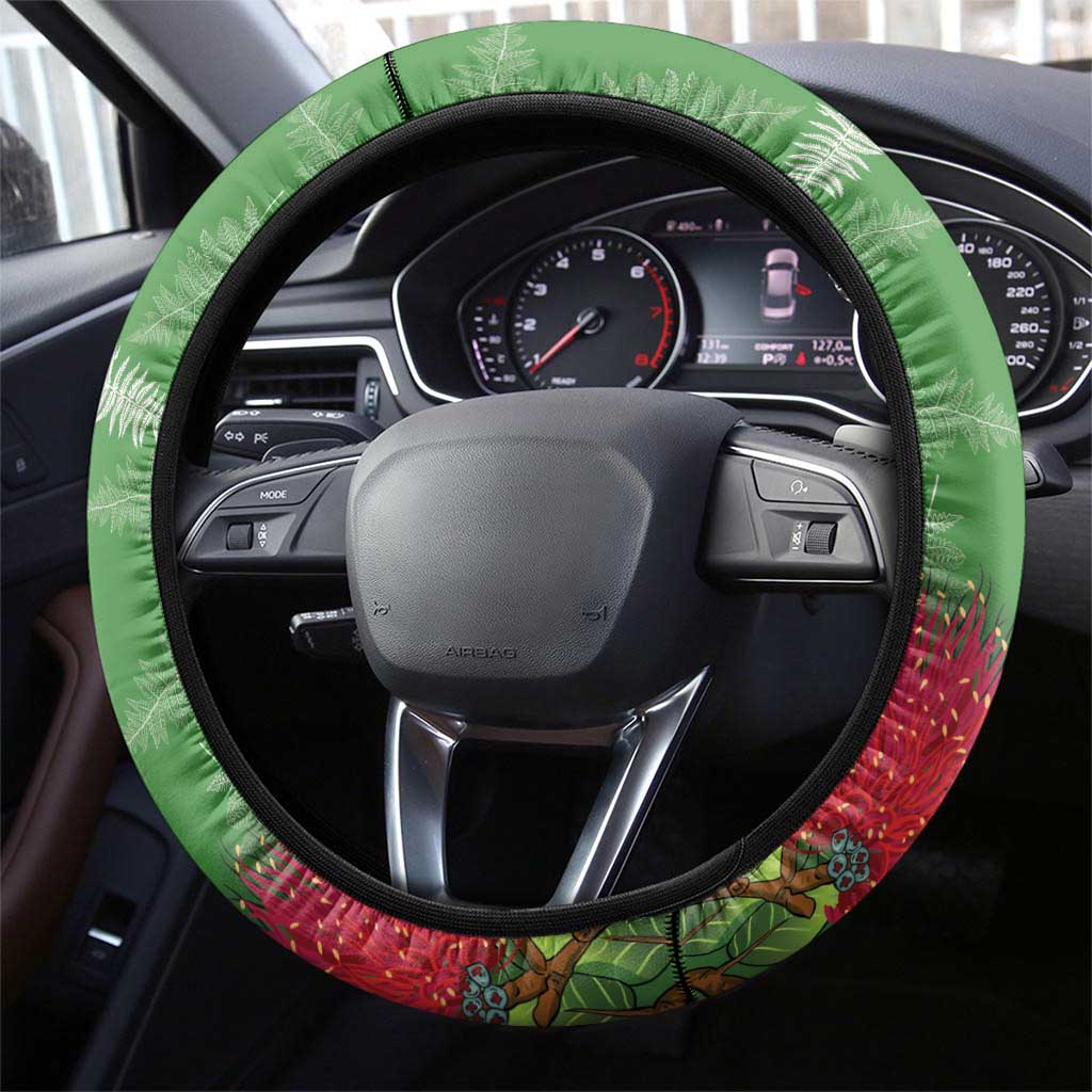 Kakapo New Zealand Christmas Steering Wheel Cover Meri Kirihimete Pohutukawa - Green Color