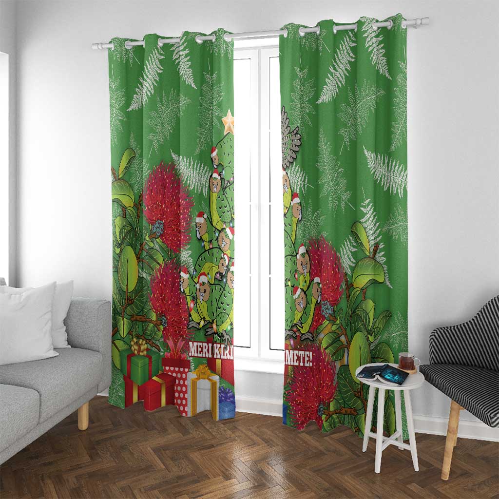 Kakapo New Zealand Christmas Window Curtain Meri Kirihimete Pohutukawa - Green Color