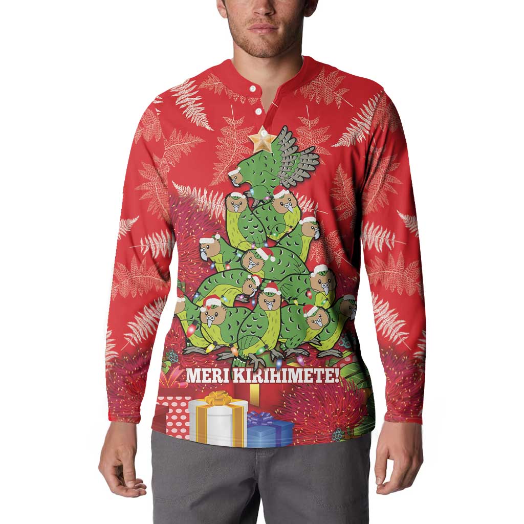 Kakapo New Zealand Christmas Button Sweatshirt Meri Kirihimete Pohutukawa - Red Color