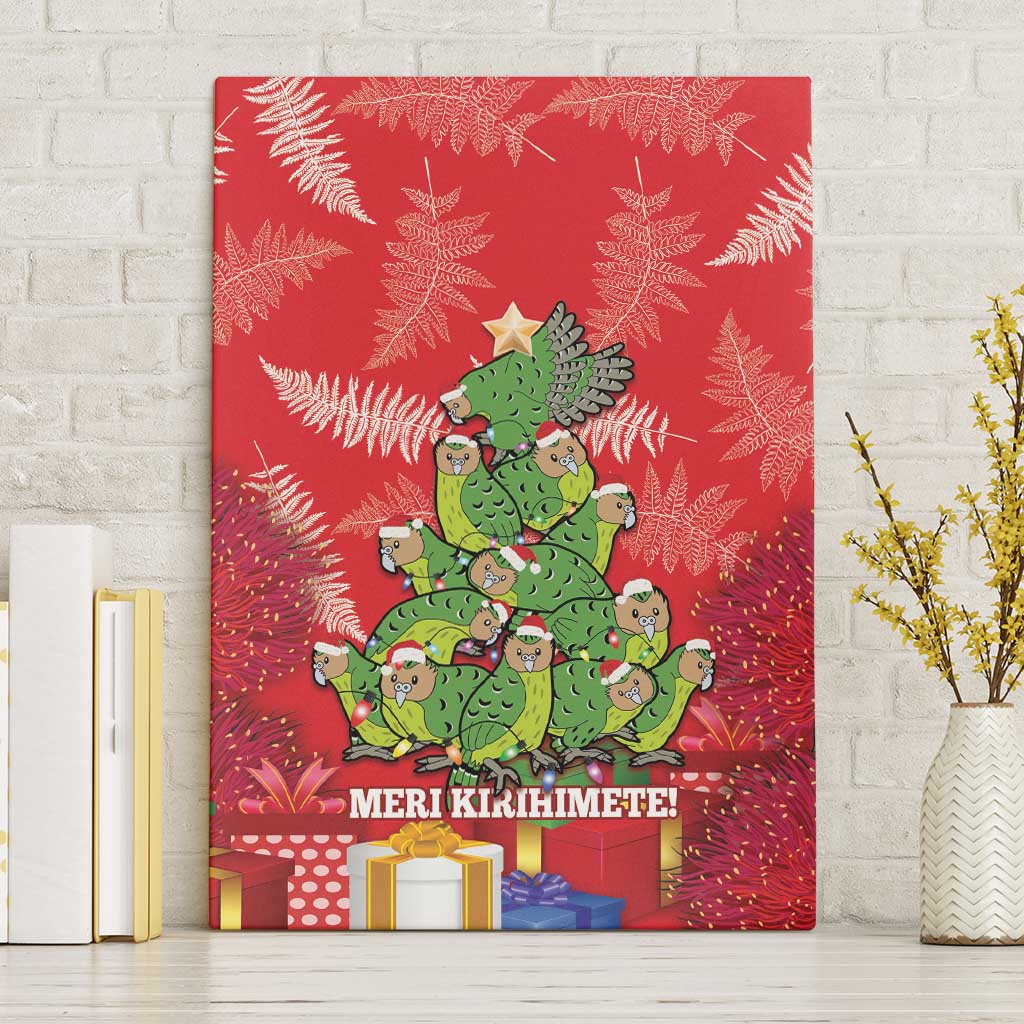 Kakapo New Zealand Christmas Canvas Wall Art Meri Kirihimete Pohutukawa - Red Color