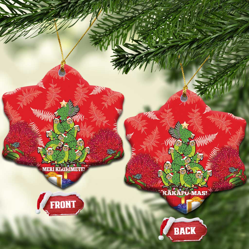 Kakapo New Zealand Christmas Ceramic Ornament Meri Kirihimete Pohutukawa - Red Color LT14 Snow Flake Red - Polynesian Pride