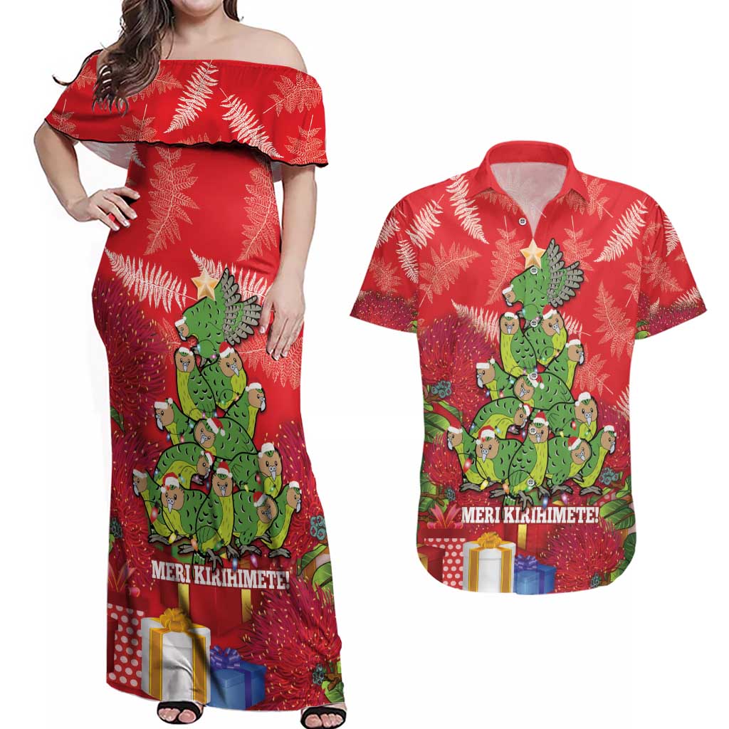 Kakapo New Zealand Christmas Couples Matching Off Shoulder Maxi Dress and Hawaiian Shirt Meri Kirihimete Pohutukawa - Red Color LT14 Red - Polynesian Pride