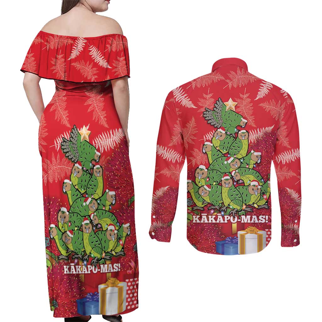 Kakapo New Zealand Christmas Couples Matching Off Shoulder Maxi Dress and Long Sleeve Button Shirt Meri Kirihimete Pohutukawa - Red Color