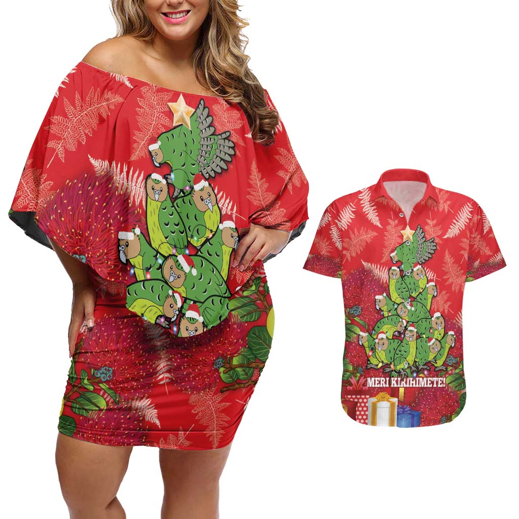 Kakapo New Zealand Christmas Couples Matching Off Shoulder Short Dress and Hawaiian Shirt Meri Kirihimete Pohutukawa - Red Color LT14 Red - Polynesian Pride