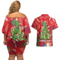 Kakapo New Zealand Christmas Couples Matching Off Shoulder Short Dress and Hawaiian Shirt Meri Kirihimete Pohutukawa - Red Color LT14 - Polynesian Pride