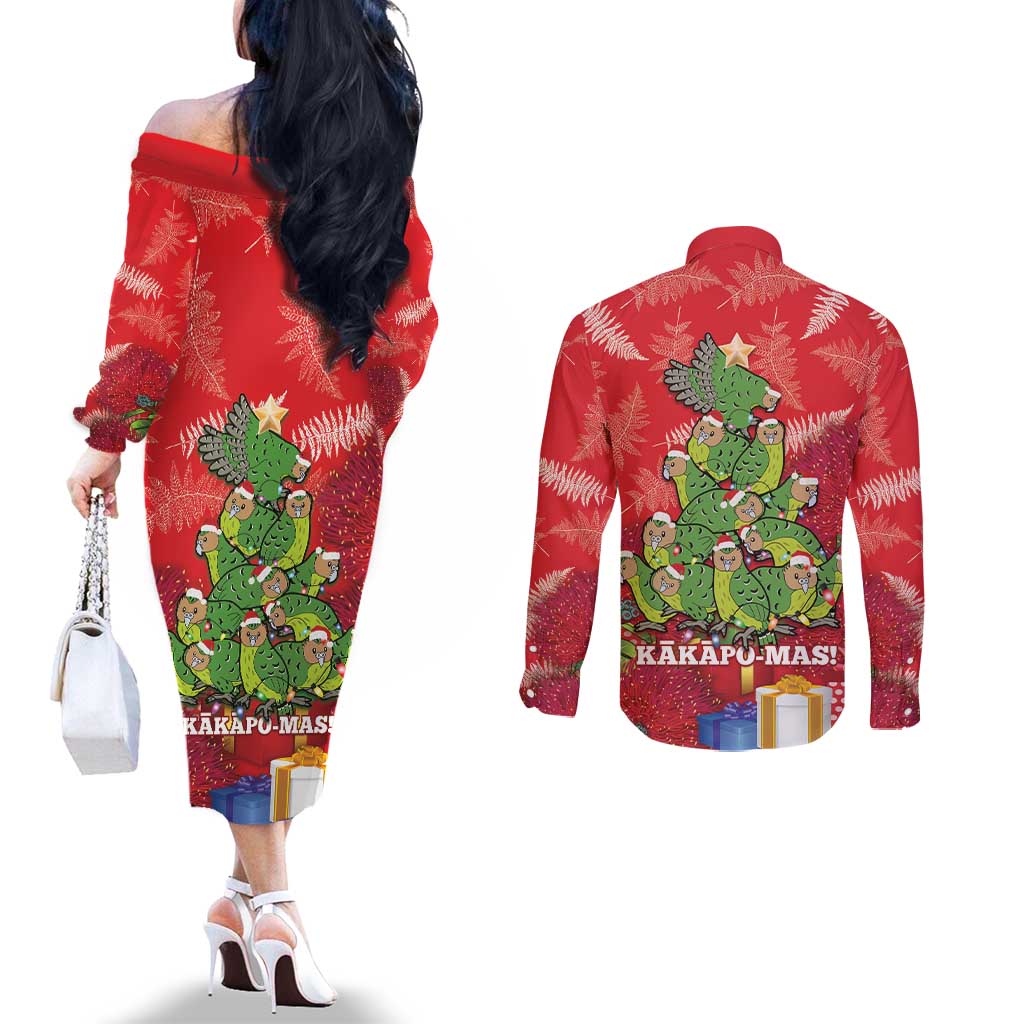 Kakapo New Zealand Christmas Couples Matching Off The Shoulder Long Sleeve Dress and Long Sleeve Button Shirt Meri Kirihimete Pohutukawa - Red Color