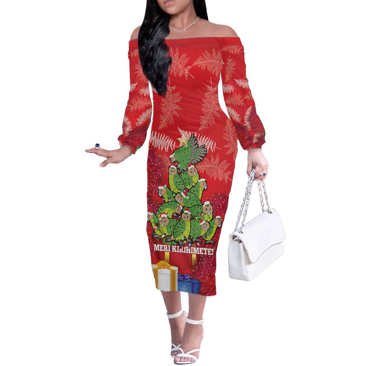 Kakapo New Zealand Christmas Family Matching Off The Shoulder Long Sleeve Dress and Hawaiian Shirt Meri Kirihimete Pohutukawa - Red Color