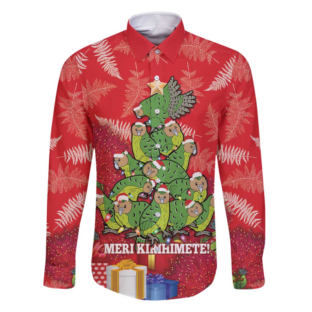 Kakapo New Zealand Christmas Family Matching Off Shoulder Short Dress and Hawaiian Shirt Meri Kirihimete Pohutukawa - Red Color LT14 Dad's Shirt - Long Sleeve Red - Polynesian Pride