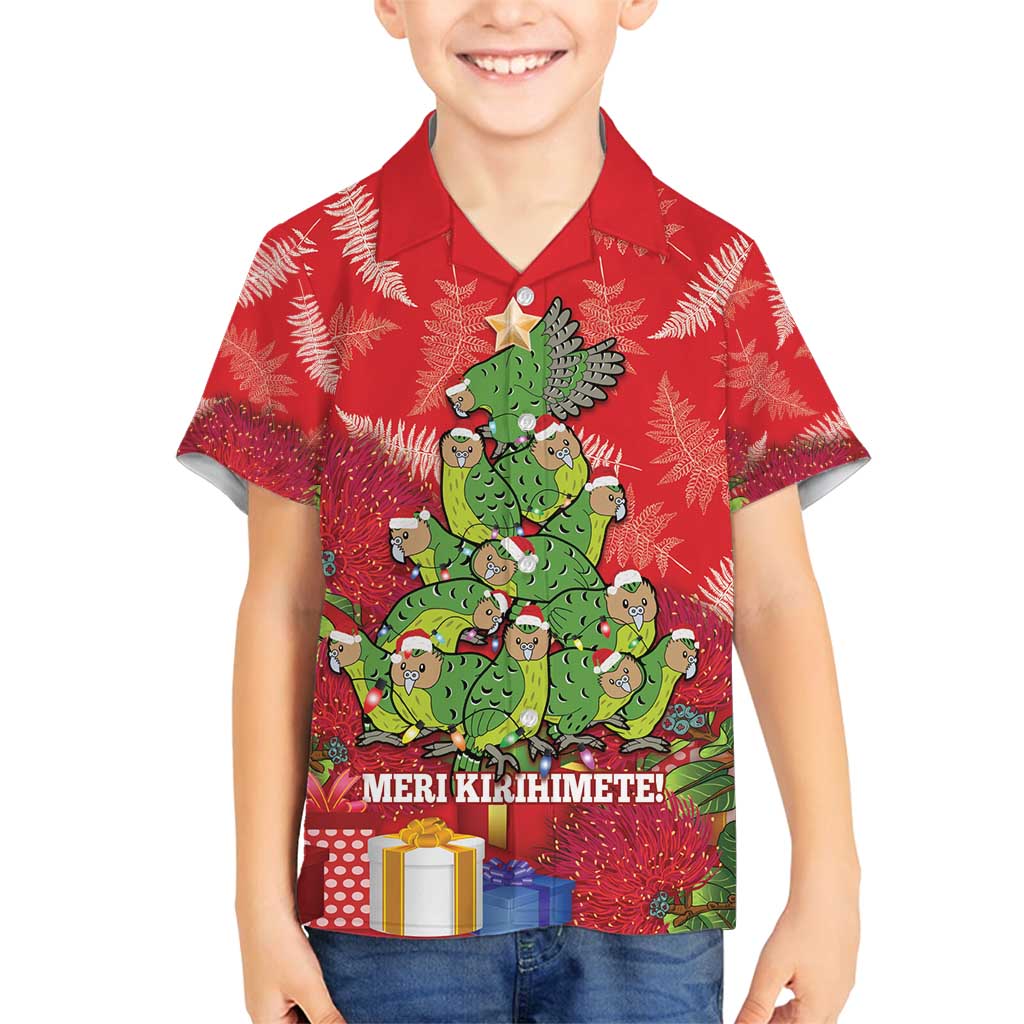 Kakapo New Zealand Christmas Family Matching Off Shoulder Short Dress and Hawaiian Shirt Meri Kirihimete Pohutukawa - Red Color LT14 Son's Shirt Red - Polynesian Pride