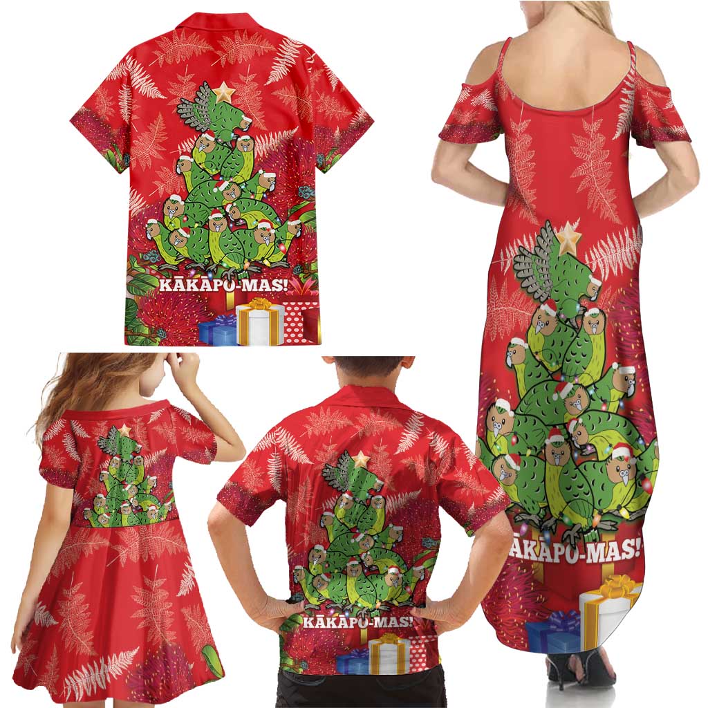 Kakapo New Zealand Christmas Family Matching Summer Maxi Dress and Hawaiian Shirt Meri Kirihimete Pohutukawa - Red Color