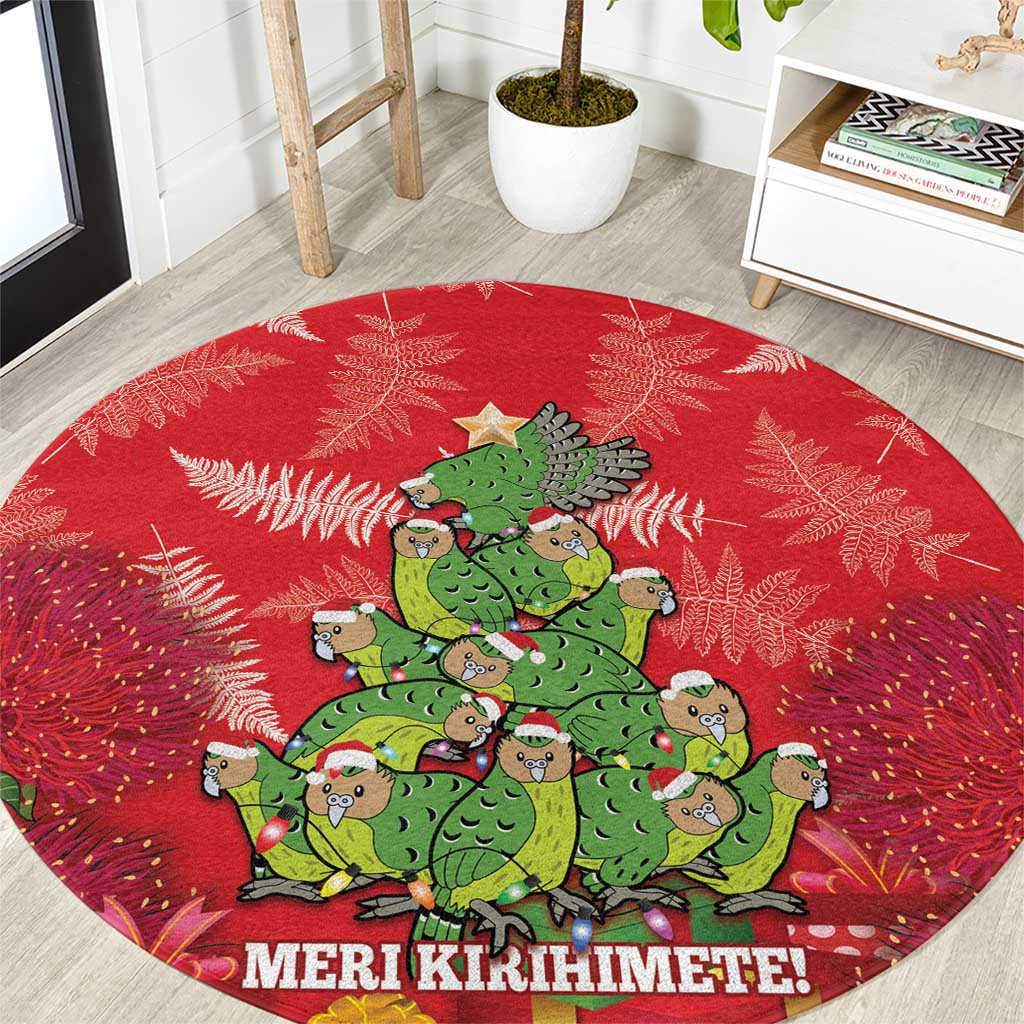 Kakapo New Zealand Christmas Round Carpet Meri Kirihimete Pohutukawa - Red Color