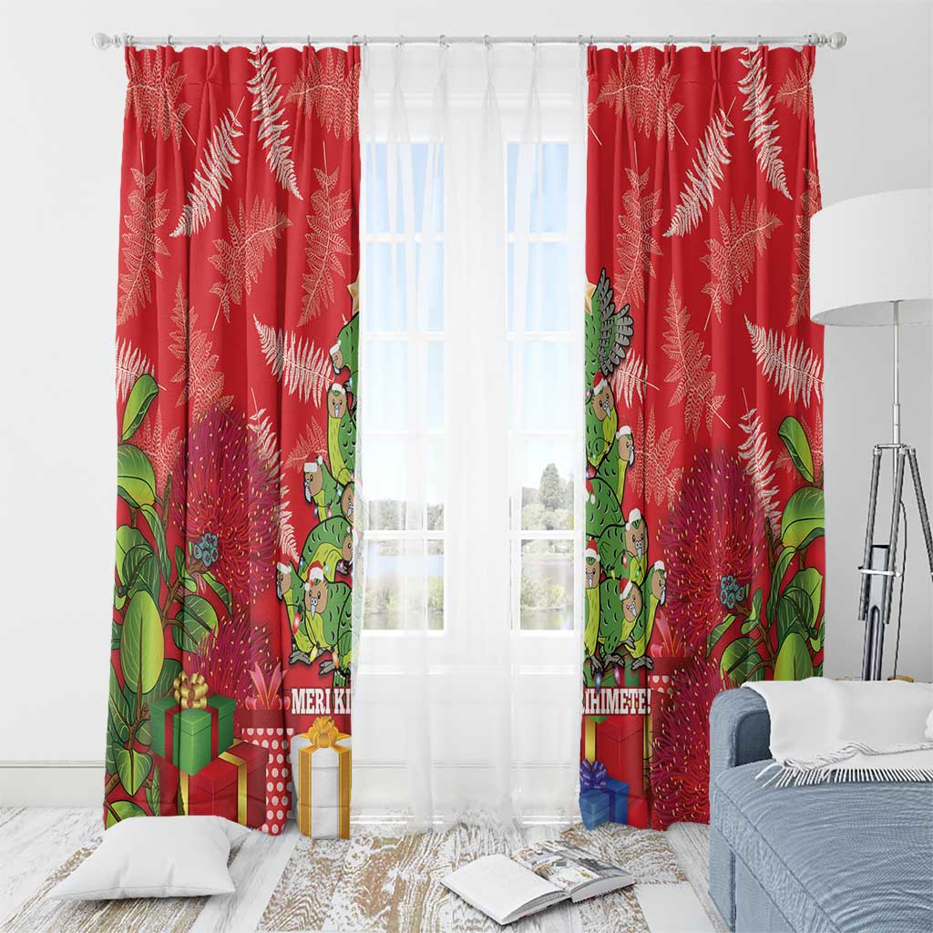 Kakapo New Zealand Christmas Window Curtain Meri Kirihimete Pohutukawa - Red Color