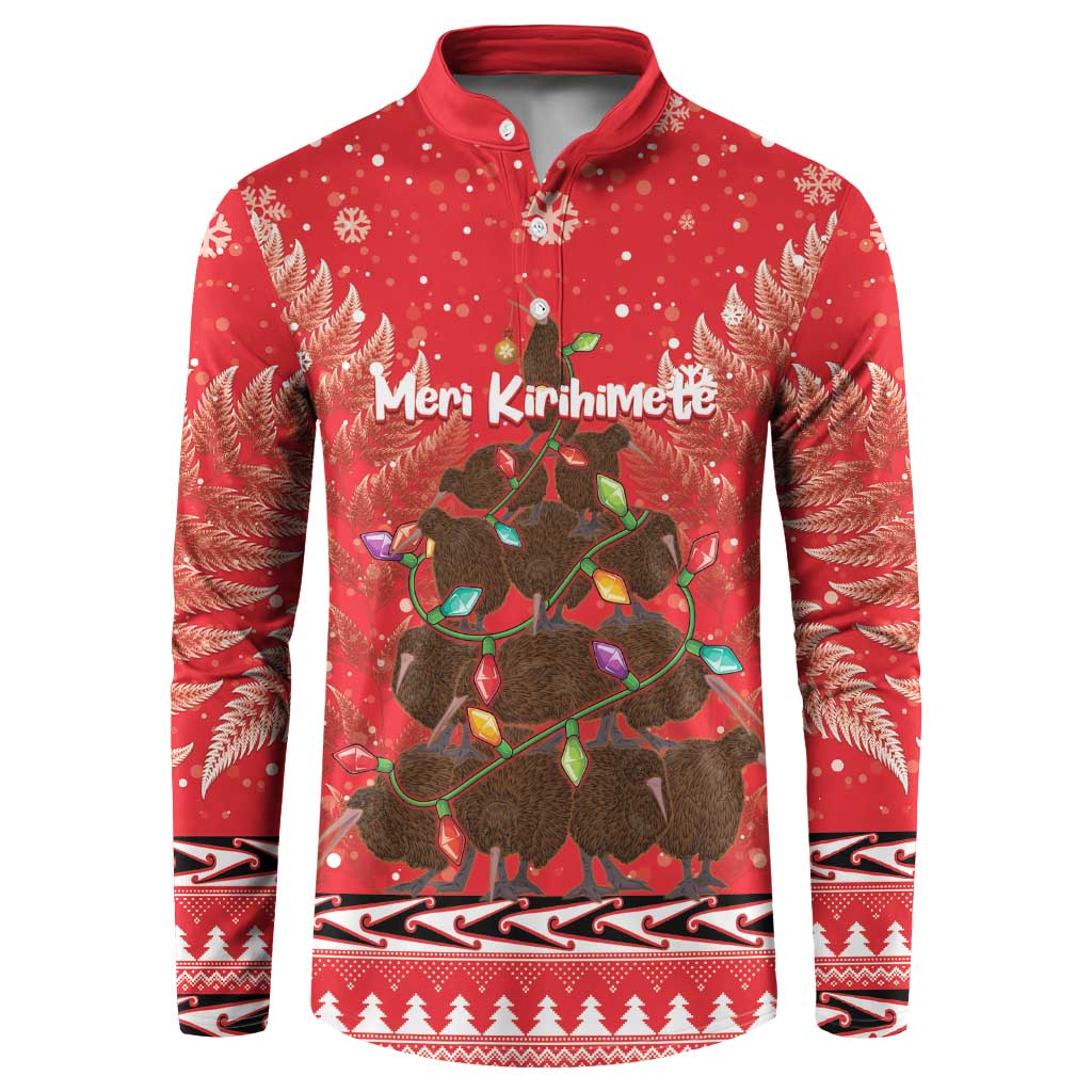 Kiwi New Zealand Christmas Button Sweatshirt Meri Kirihimete Silver Fern - Red Color