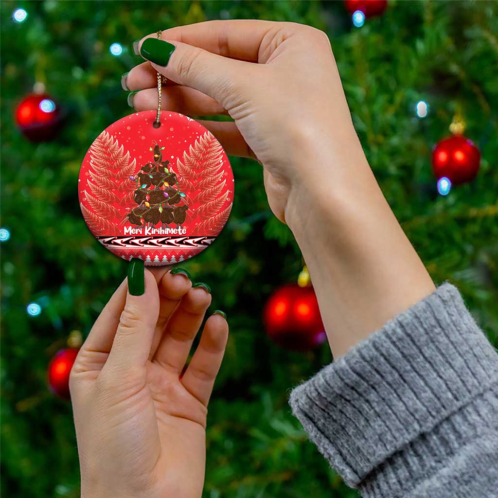 Kiwi New Zealand Christmas Ceramic Ornament Meri Kirihimete Silver Fern - Red Color LT14 - Polynesian Pride