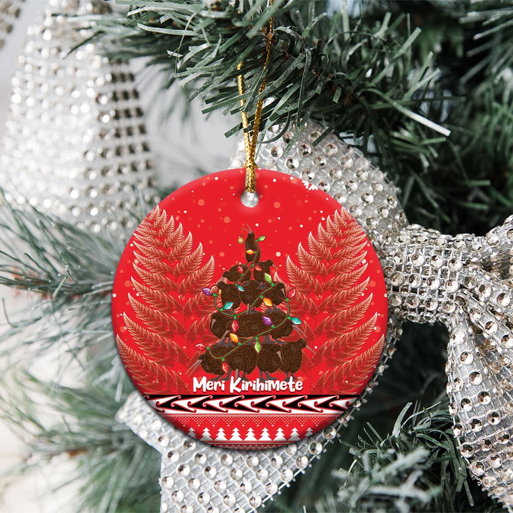 Kiwi New Zealand Christmas Ceramic Ornament Meri Kirihimete Silver Fern - Red Color LT14 - Polynesian Pride