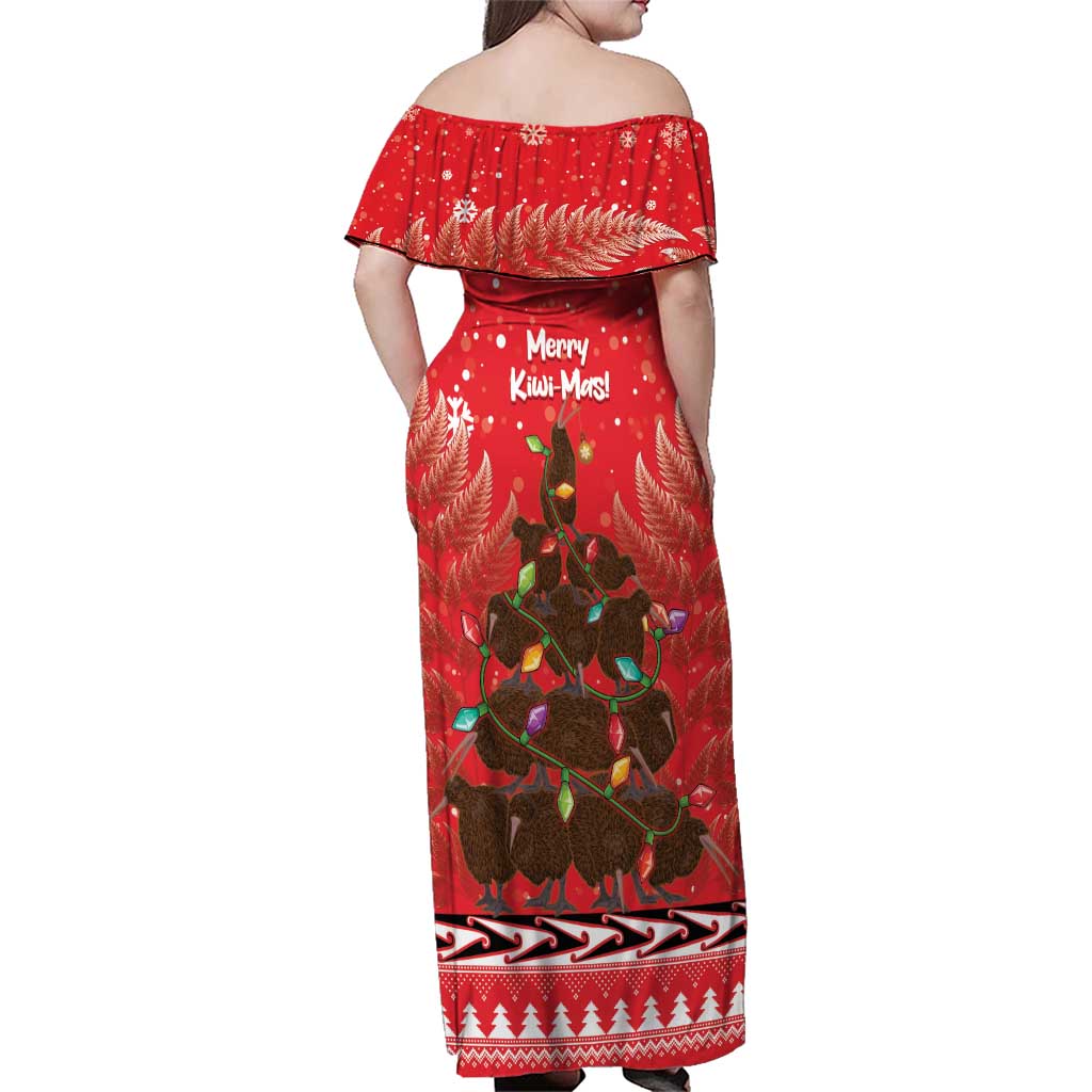 Kiwi New Zealand Christmas Family Matching Off Shoulder Maxi Dress and Hawaiian Shirt Meri Kirihimete Silver Fern - Red Color LT14 - Polynesian Pride