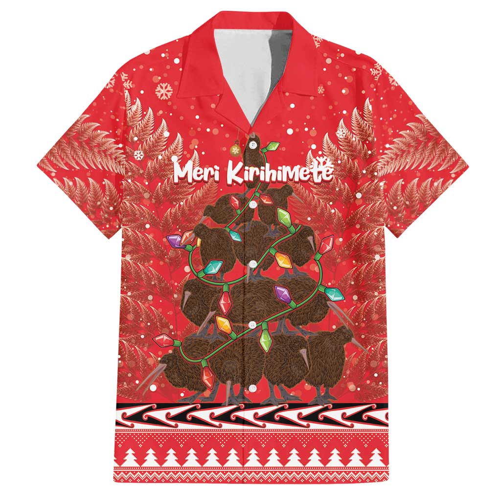 Kiwi New Zealand Christmas Family Matching Off Shoulder Short Dress and Hawaiian Shirt Meri Kirihimete Silver Fern - Red Color LT14 Dad's Shirt - Short Sleeve Red - Polynesian Pride