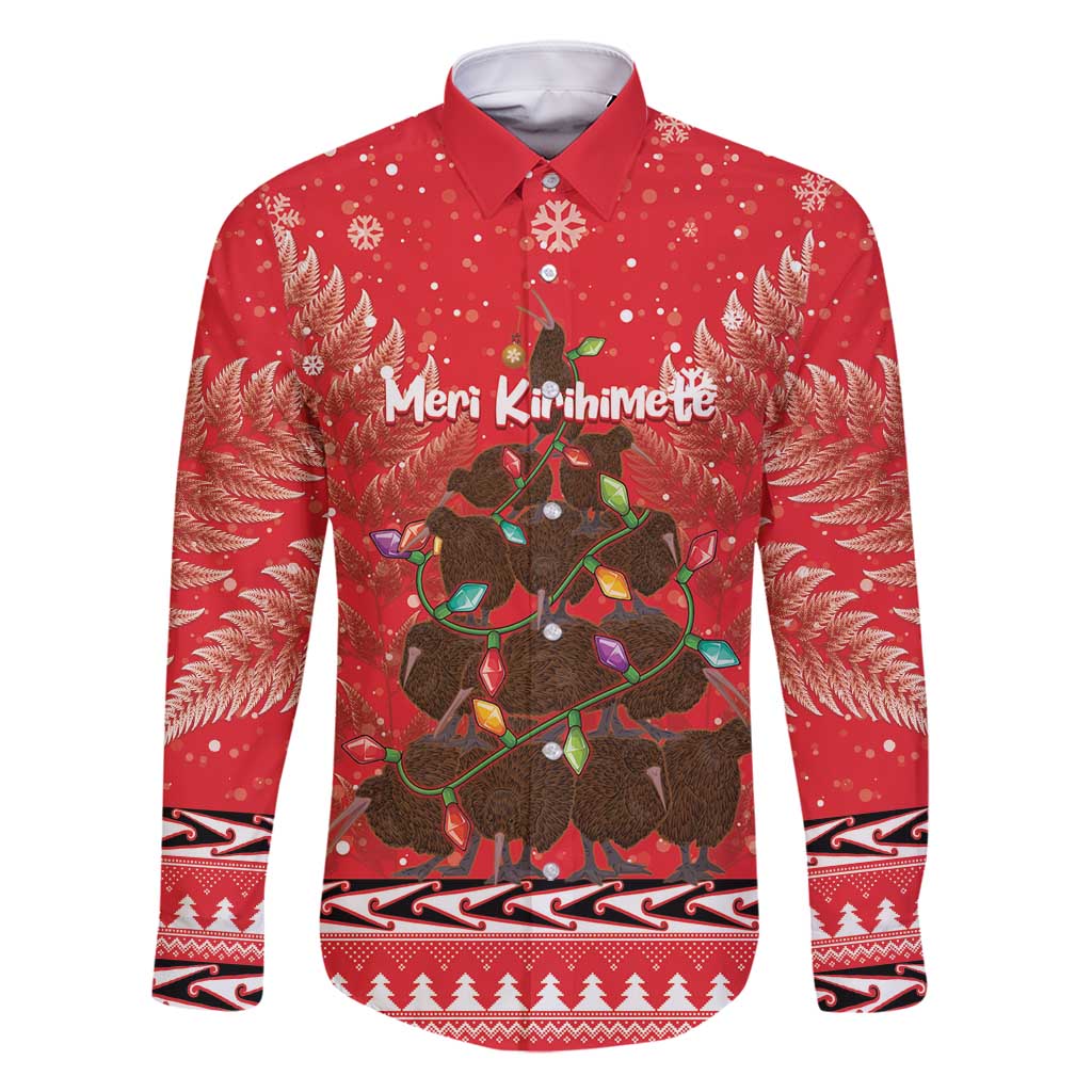 Kiwi New Zealand Christmas Family Matching Off Shoulder Short Dress and Hawaiian Shirt Meri Kirihimete Silver Fern - Red Color LT14 Dad's Shirt - Long Sleeve Red - Polynesian Pride