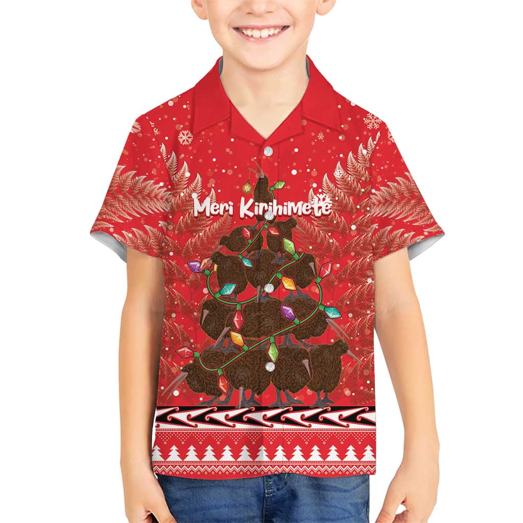 Kiwi New Zealand Christmas Family Matching Off Shoulder Short Dress and Hawaiian Shirt Meri Kirihimete Silver Fern - Red Color LT14 Son's Shirt Red - Polynesian Pride