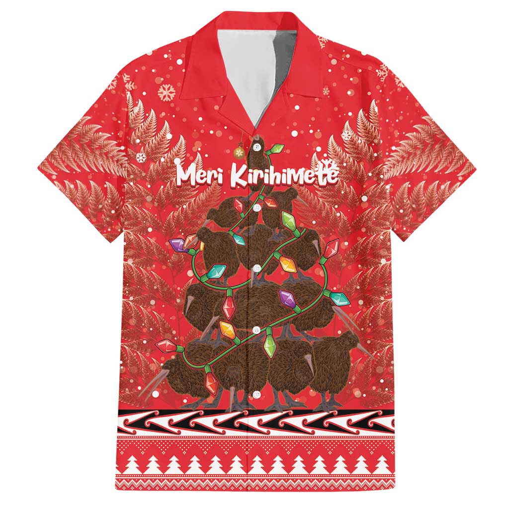 Kiwi New Zealand Christmas Hawaiian Shirt Meri Kirihimete Silver Fern - Red Color