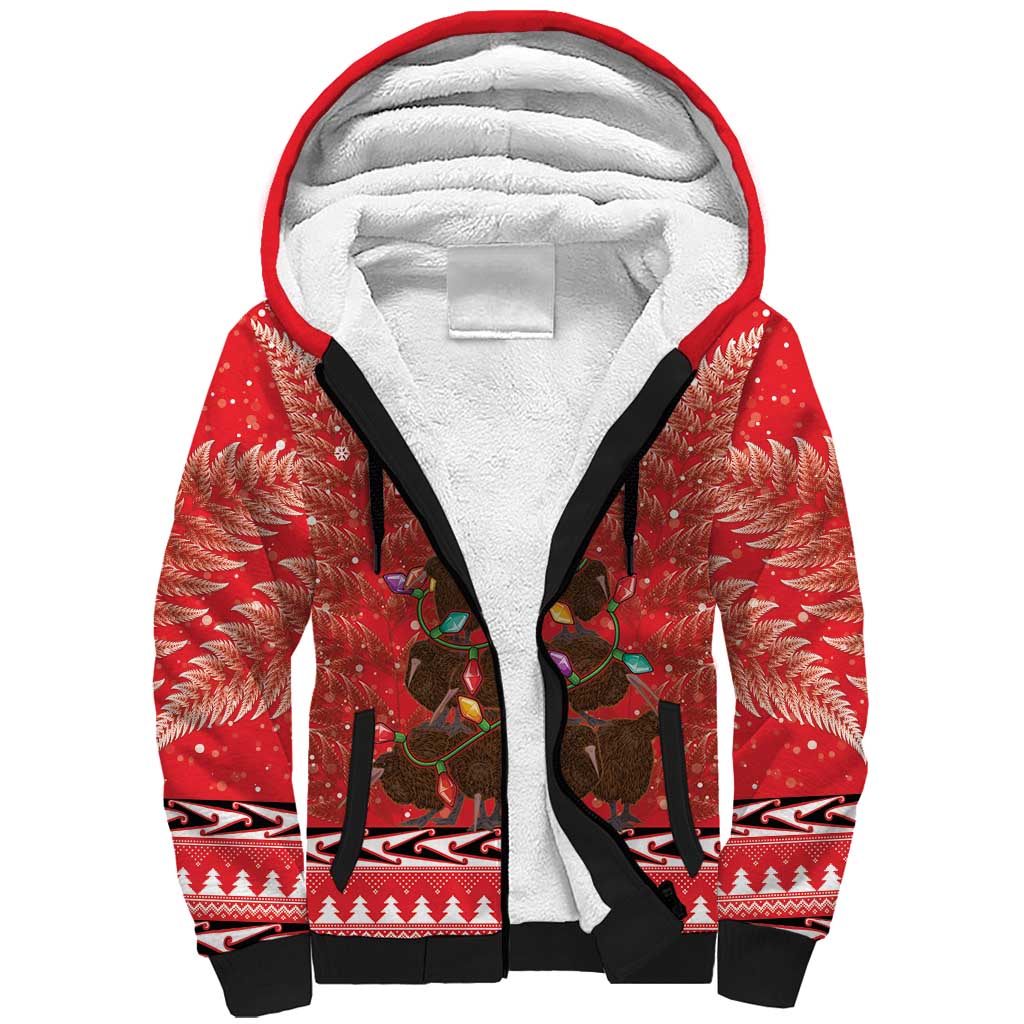 Kiwi New Zealand Christmas Sherpa Hoodie Meri Kirihimete Silver Fern - Red Color