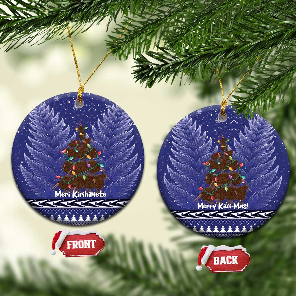 Kiwi New Zealand Christmas Ceramic Ornament Meri Kirihimete Silver Fern - Blue Color LT14 Circle Blue - Polynesian Pride