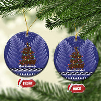Kiwi New Zealand Christmas Ceramic Ornament Meri Kirihimete Silver Fern - Blue Color LT14 Circle Blue - Polynesian Pride
