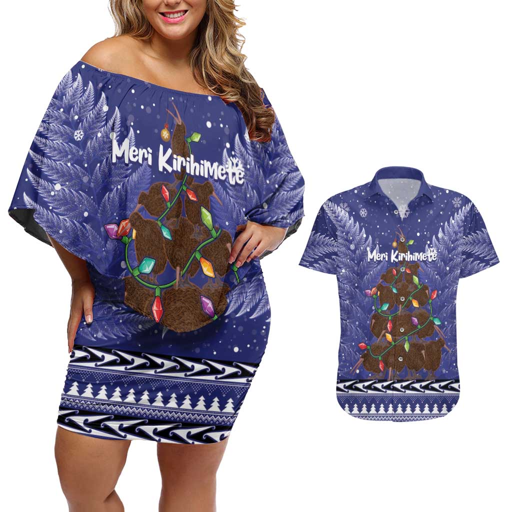 Kiwi New Zealand Christmas Couples Matching Off Shoulder Short Dress and Hawaiian Shirt Meri Kirihimete Silver Fern - Blue Color LT14 Blue - Polynesian Pride