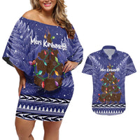 Kiwi New Zealand Christmas Couples Matching Off Shoulder Short Dress and Hawaiian Shirt Meri Kirihimete Silver Fern - Blue Color LT14 Blue - Polynesian Pride